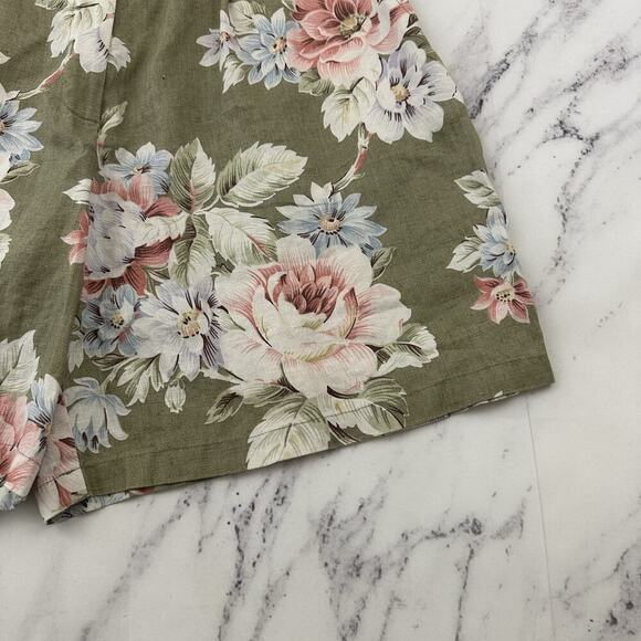 Evan Picone Womens Vintage 90s Linen Shorts Size 6 Green Pink Floral Pleated - Picture 3 of 9